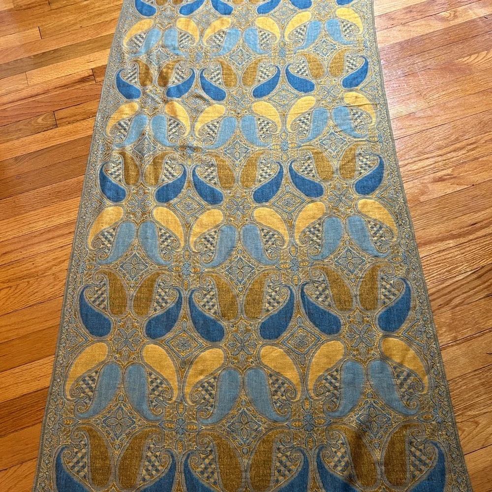 Vintage Oversized Pashmina Wrap Scarf Teal Gold Paisley Fringe Shawl